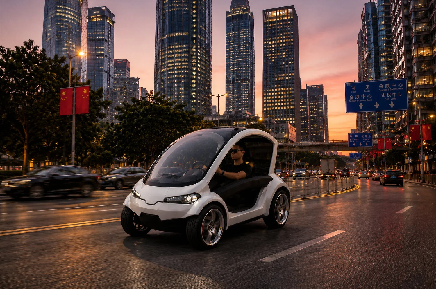 Concept di city car elettrica compatta in uno scenario urbano
